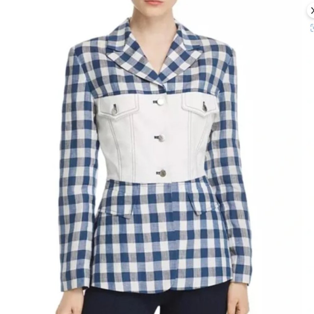 SJYP Steve J & Yoni P Blue Gingham Plaid Linen Button Up Bustier Blazer Top M